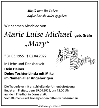 Traueranzeige von Marie Luise Michael von Leipziger Volkszeitung