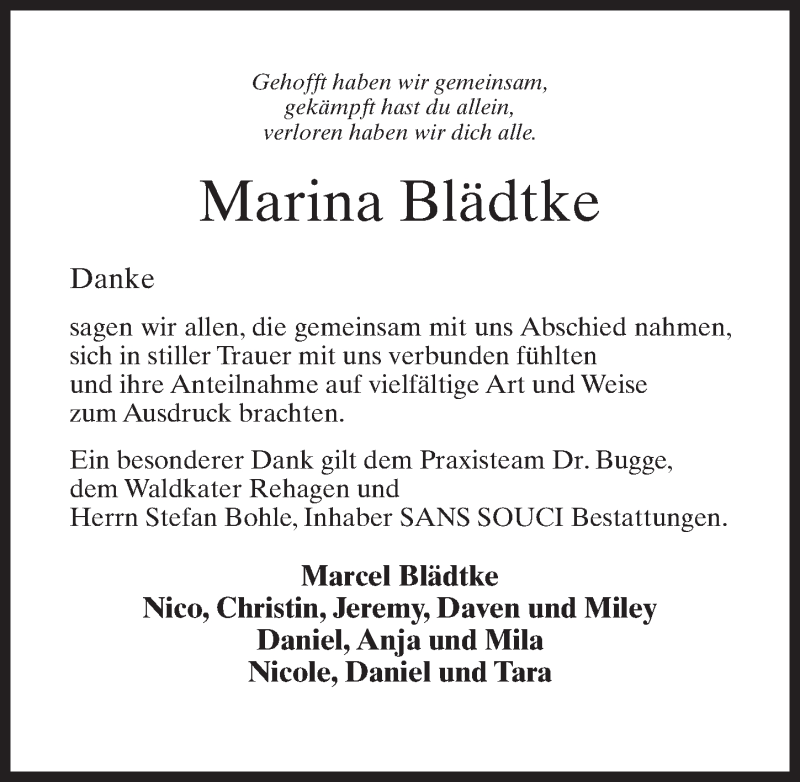  Traueranzeige für Marina Blädtke vom 16.04.2022 aus Märkischen Allgemeine Zeitung