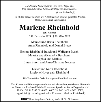 Traueranzeige von Marlene Rheinhold von Hannoversche Allgemeine Zeitung/Neue Presse
