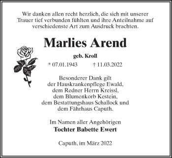 Traueranzeige von Marlies Arend von Märkischen Allgemeine Zeitung