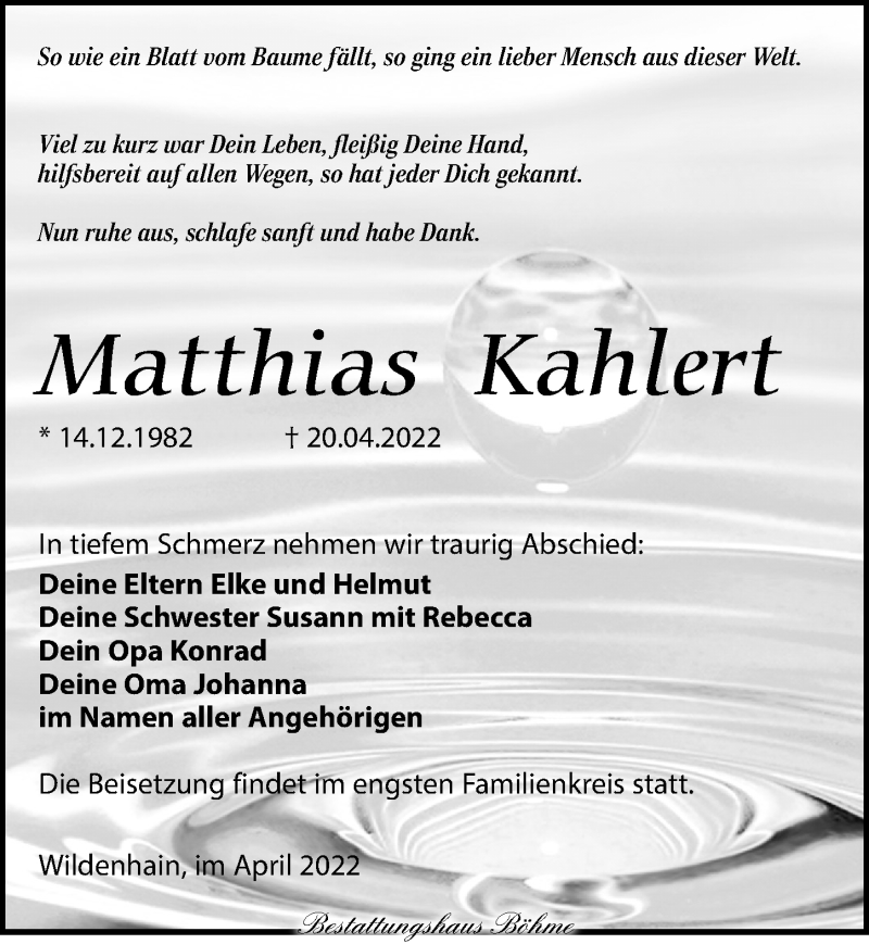  Traueranzeige für Matthias Kahlert vom 30.04.2022 aus Torgauer Zeitung