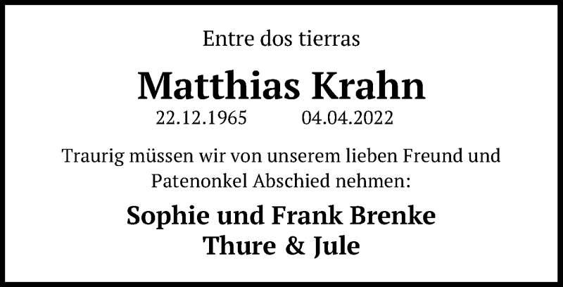  Traueranzeige für Matthias Krahn vom 10.04.2022 aus Lübecker Nachrichten