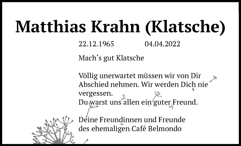  Traueranzeige für Matthias Krahn vom 12.04.2022 aus Lübecker Nachrichten