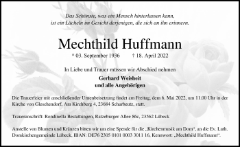 Traueranzeige von Mechthild Huffmann von Lübecker Nachrichten