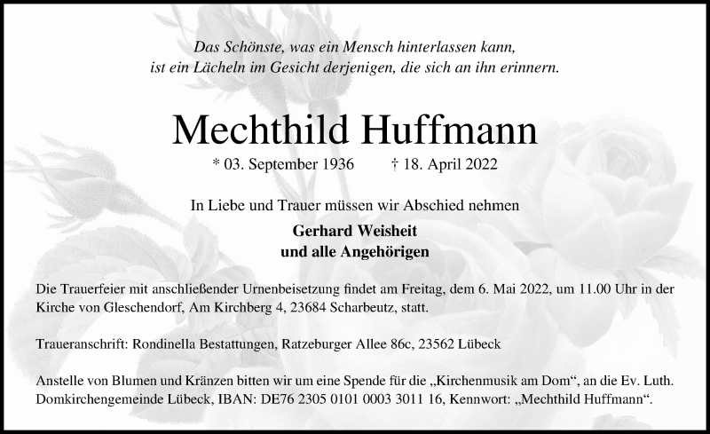  Traueranzeige für Mechthild Huffmann vom 24.04.2022 aus Lübecker Nachrichten