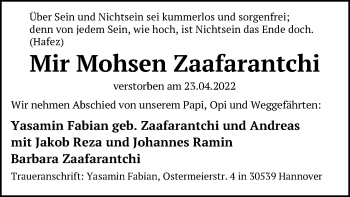 Traueranzeige von Mir Mohsen Zaafarantchi von Hannoversche Allgemeine Zeitung/Neue Presse