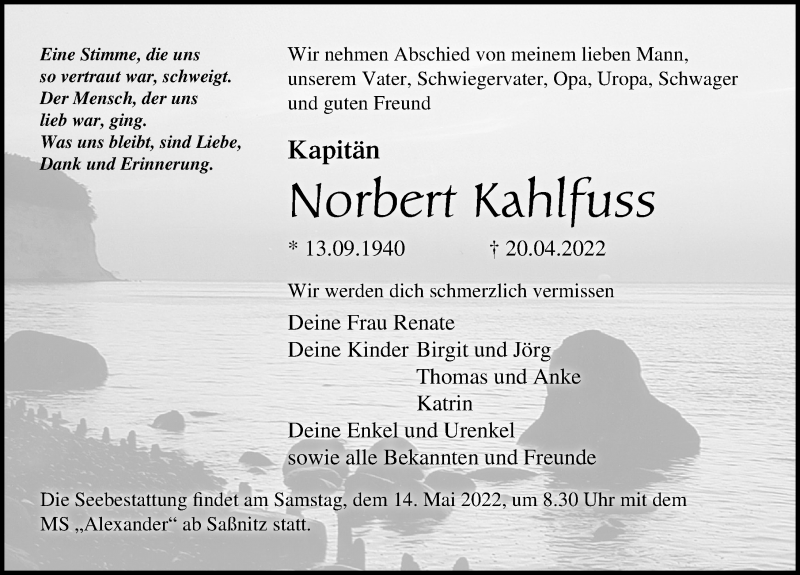  Traueranzeige für Norbert Kahlfuss vom 23.04.2022 aus Ostsee-Zeitung GmbH