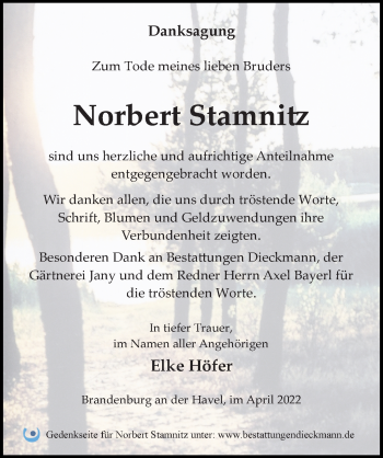 Traueranzeige von Norbert Stamnitz von Märkischen Allgemeine Zeitung
