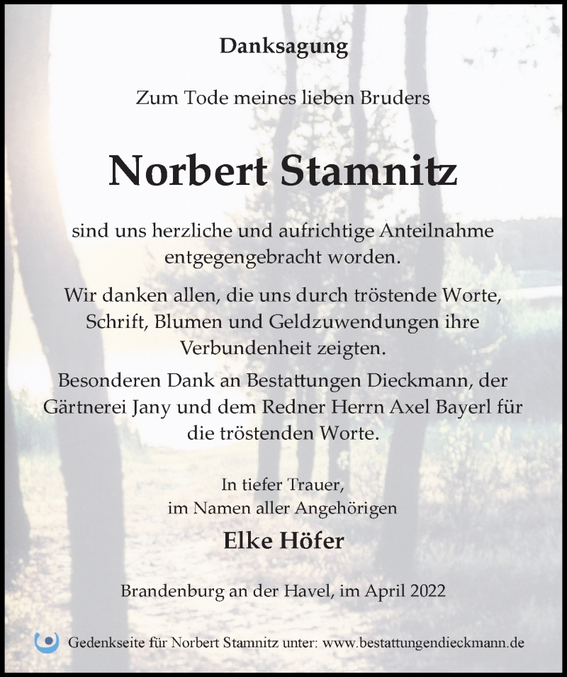  Traueranzeige für Norbert Stamnitz vom 09.04.2022 aus Märkischen Allgemeine Zeitung
