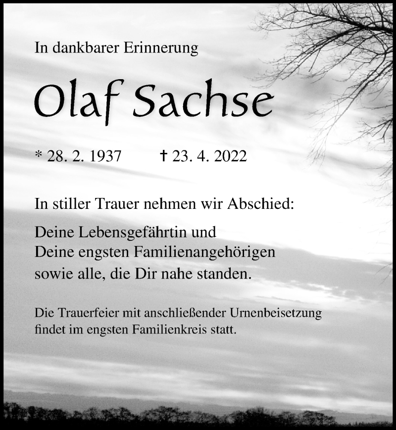  Traueranzeige für Olaf Sachse vom 30.04.2022 aus Ostsee-Zeitung GmbH