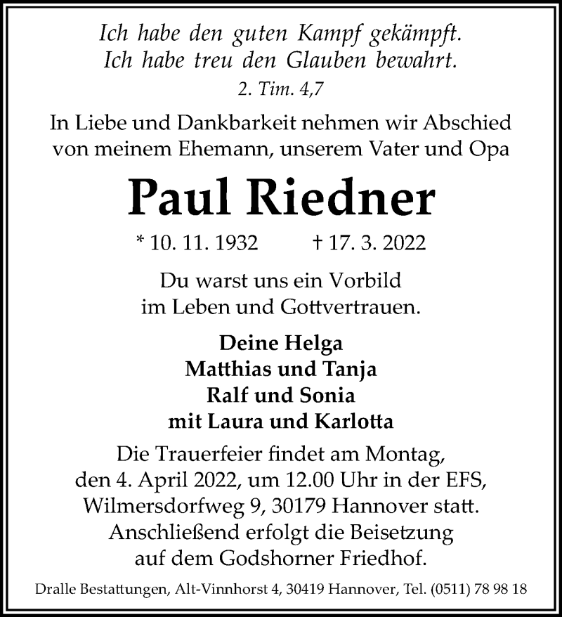 Traueranzeigen von Paul Riedner | trauer-anzeigen.de