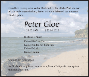 Traueranzeige von Peter Gloe von Ostsee-Zeitung GmbH