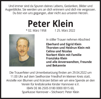 Traueranzeige von Peter Klein von Hannoversche Allgemeine Zeitung/Neue Presse