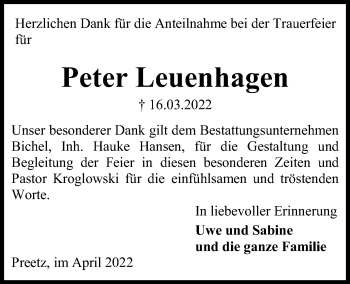 Traueranzeige von Peter Leuenhagen von Kieler Nachrichten