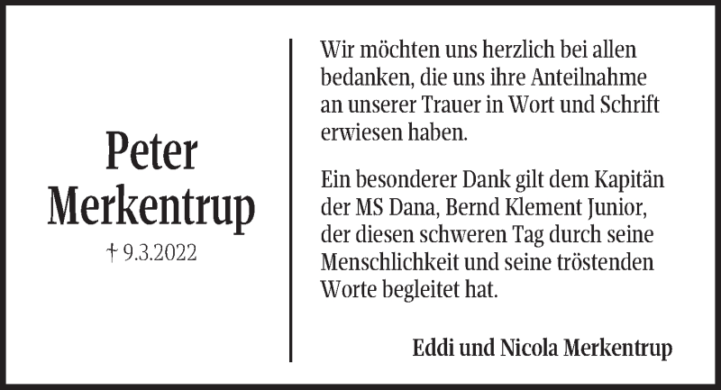  Traueranzeige für Peter Merkentrup vom 02.04.2022 aus Kieler Nachrichten