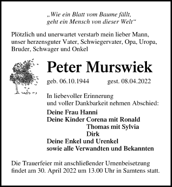 Traueranzeige von Peter Murswiek von Ostsee-Zeitung GmbH