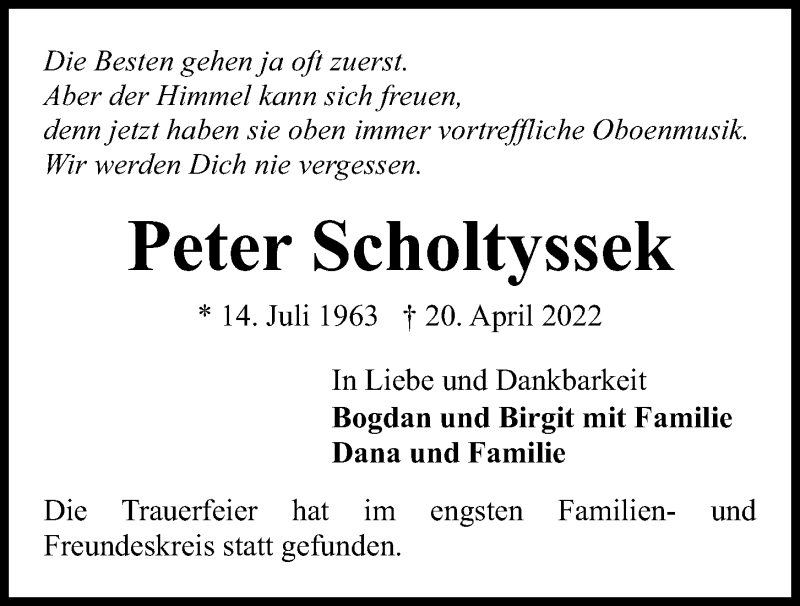  Traueranzeige für Peter Scholtyssek vom 30.04.2022 aus Kieler Nachrichten