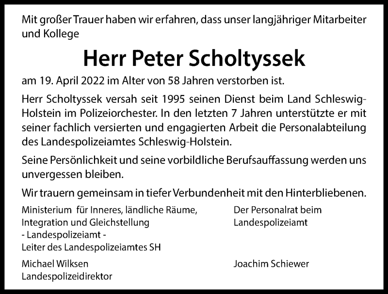  Traueranzeige für Peter Scholtyssek vom 30.04.2022 aus Kieler Nachrichten