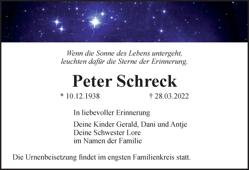  Traueranzeige für Peter Schreck vom 16.04.2022 aus Märkischen Allgemeine Zeitung