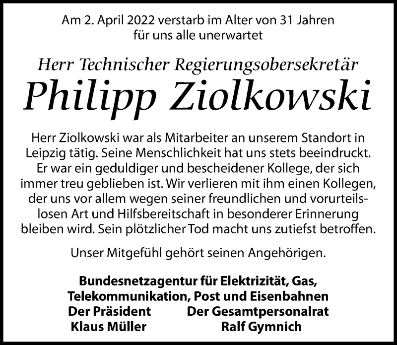  Traueranzeige für Philipp Ziolkowski vom 16.04.2022 aus Leipziger Volkszeitung