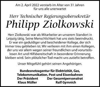 Traueranzeige von Philipp Ziolkowski von Leipziger Volkszeitung