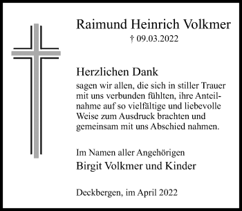 Traueranzeige von Raimund Heinrich Volkmer von Schaumburger Nachrichten