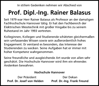 Traueranzeige von Rainer Balasus von Hannoversche Allgemeine Zeitung/Neue Presse