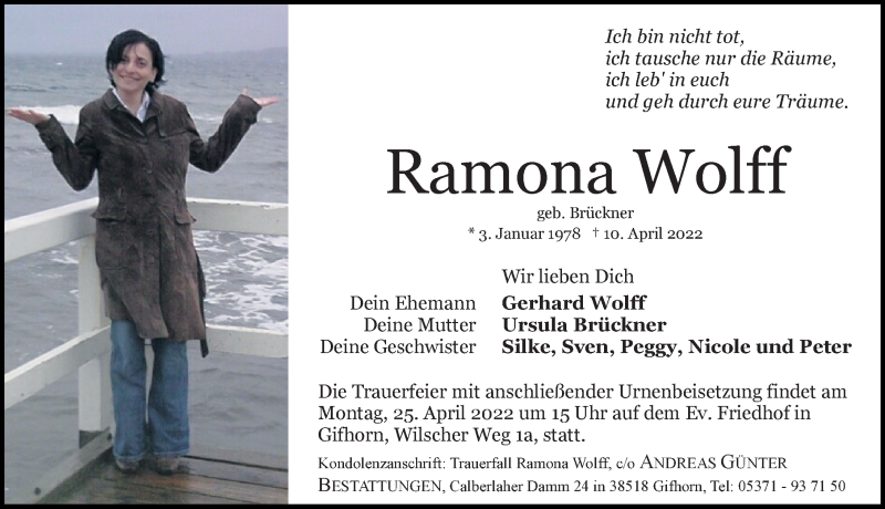  Traueranzeige für Ramona Wolff vom 16.04.2022 aus Aller Zeitung