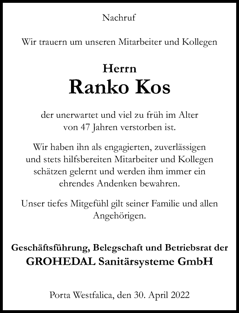  Traueranzeige für Ranko Kos vom 30.04.2022 aus Schaumburger Nachrichten