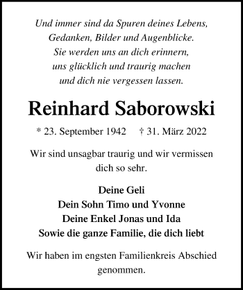 Traueranzeige von Reinhard Saborowski von Lübecker Nachrichten