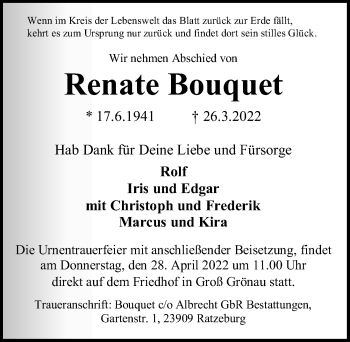 Traueranzeige von Renate Bouquet von Lübecker Nachrichten