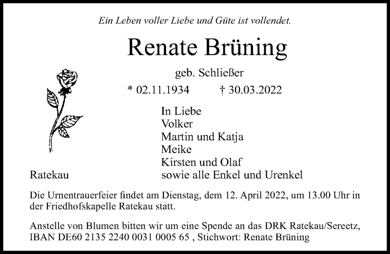  Traueranzeige für Renate Brüning vom 10.04.2022 aus Lübecker Nachrichten