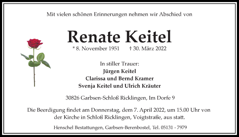  Traueranzeige für Renate Keitel vom 02.04.2022 aus Hannoversche Allgemeine Zeitung/Neue Presse