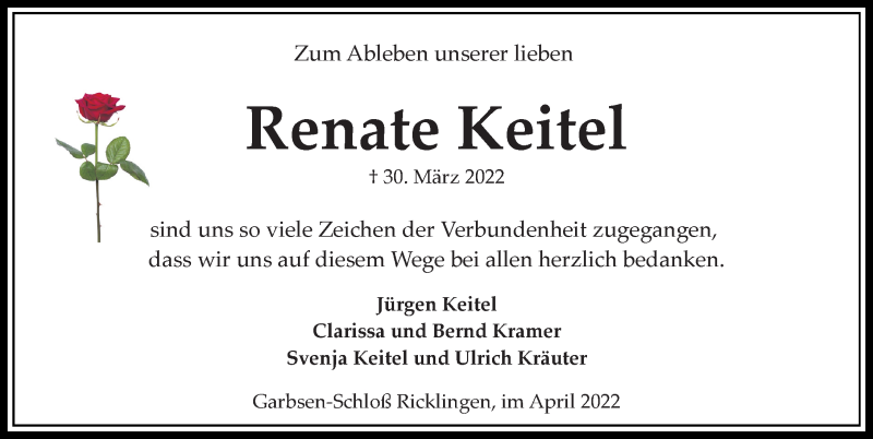  Traueranzeige für Renate Keitel vom 30.04.2022 aus Hannoversche Allgemeine Zeitung/Neue Presse