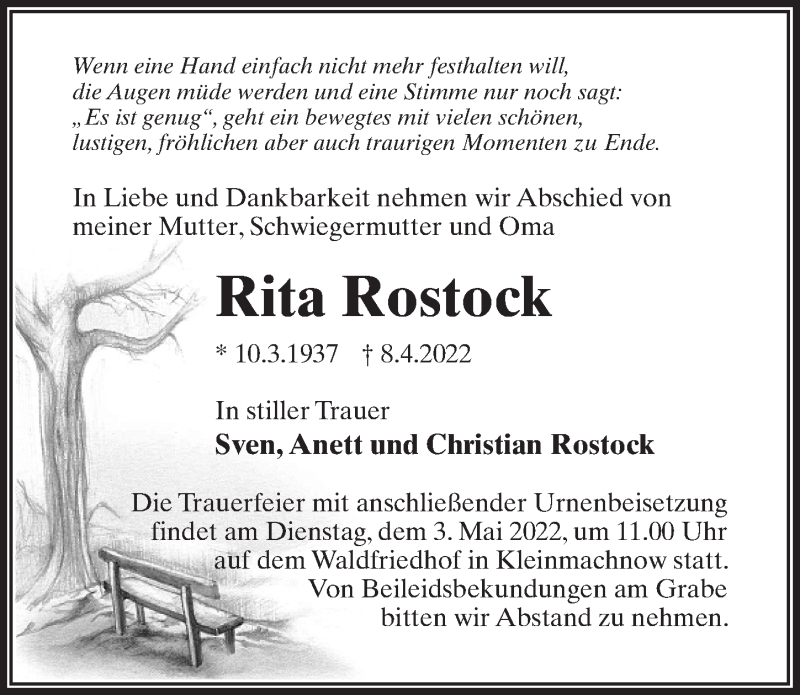  Traueranzeige für Rita Rostock vom 23.04.2022 aus Märkischen Allgemeine Zeitung