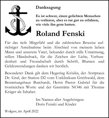 Traueranzeige von Roland Fenski von Ostsee-Zeitung GmbH