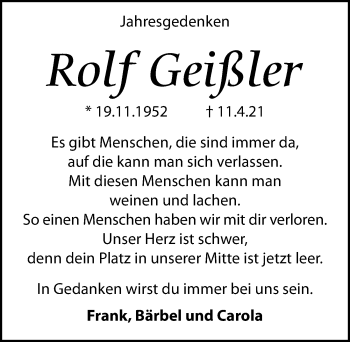 Traueranzeige von Rolf Geißler von Leipziger Volkszeitung