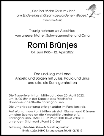 Traueranzeige von Romi Brünjes von Hannoversche Allgemeine Zeitung/Neue Presse