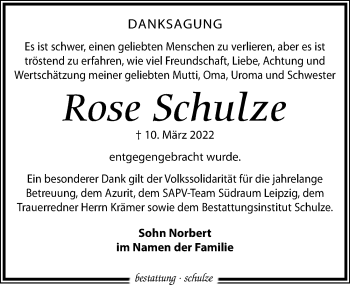 Traueranzeige von Rose Schulze von Leipziger Volkszeitung