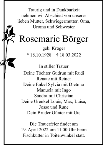 Traueranzeige von Rosemarie Börger von Ostsee-Zeitung GmbH
