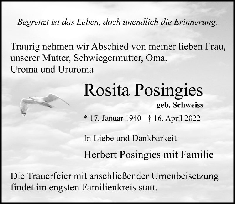  Traueranzeige für Rosita Posingies vom 23.04.2022 aus Ostsee-Zeitung GmbH