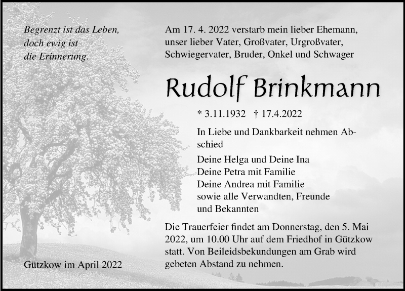  Traueranzeige für Rudolf Brinkmann vom 23.04.2022 aus Ostsee-Zeitung GmbH