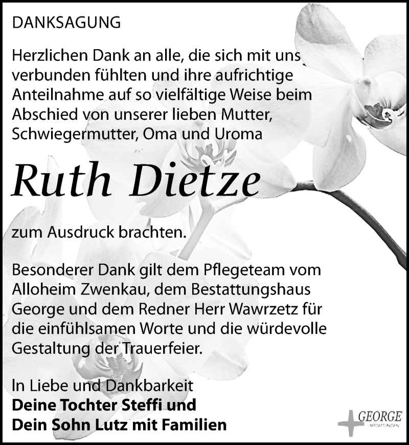  Traueranzeige für Ruth Dietze vom 23.04.2022 aus Leipziger Volkszeitung