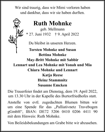 Traueranzeige von Ruth Mohnke von Lübecker Nachrichten