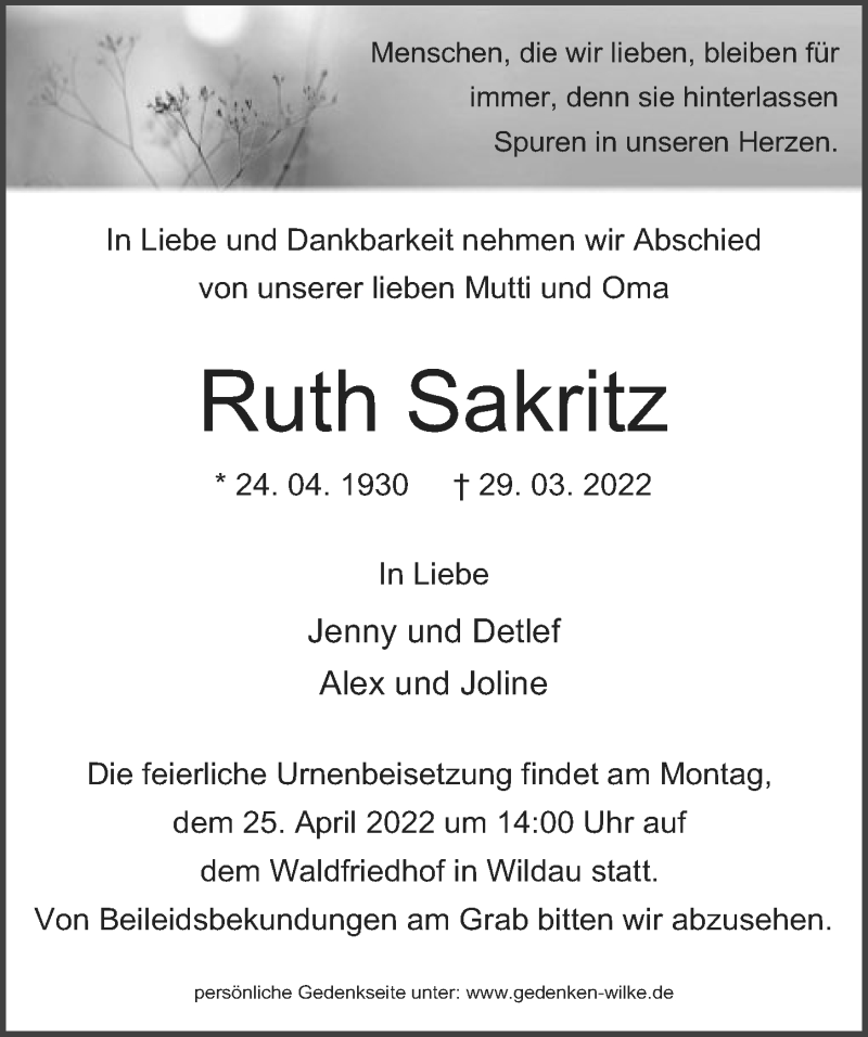  Traueranzeige für Ruth Sakritz vom 09.04.2022 aus Märkischen Allgemeine Zeitung