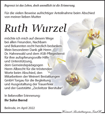 Traueranzeige von Ruth Wurzel von Torgauer Zeitung