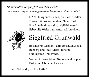 Traueranzeige von Siegfried Grunwald von Ostsee-Zeitung GmbH