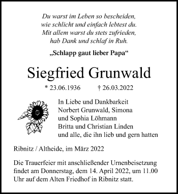 Traueranzeige von Siegfried Grunwald von Ostsee-Zeitung GmbH