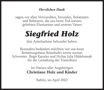 Traueranzeige von Siegfried Holz von Märkischen Allgemeine Zeitung