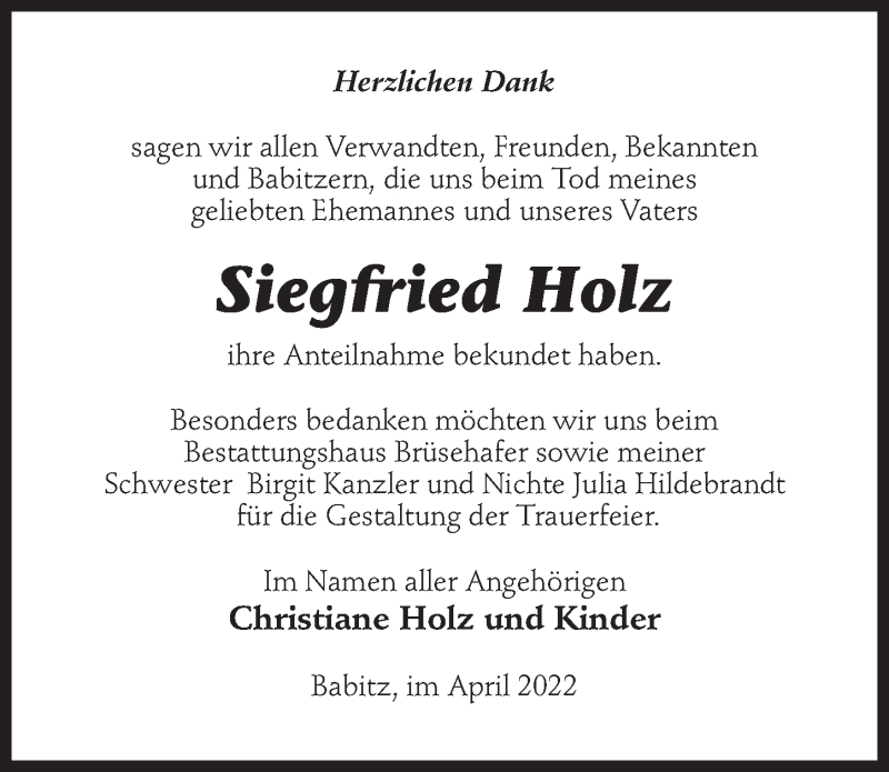  Traueranzeige für Siegfried Holz vom 23.04.2022 aus Märkischen Allgemeine Zeitung